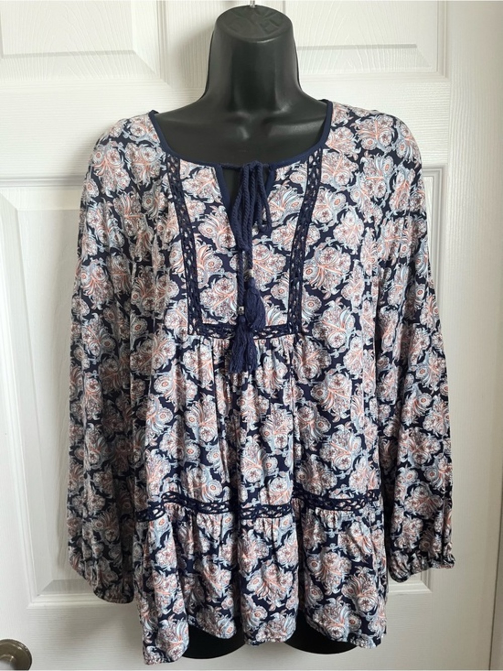 Daniel Rainn Blouse Top Navy Paisley Boho Tassel Peasant Blouse Lace Trim Large